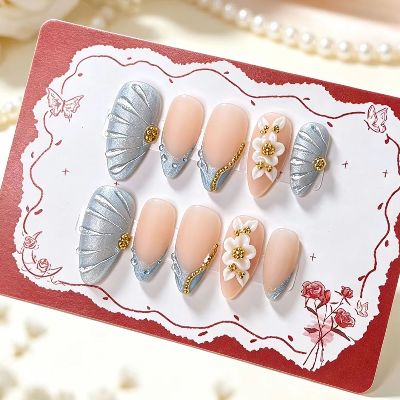 Nail Art French Nails - 10‑Piece Blue French Matte Carved Press‑On