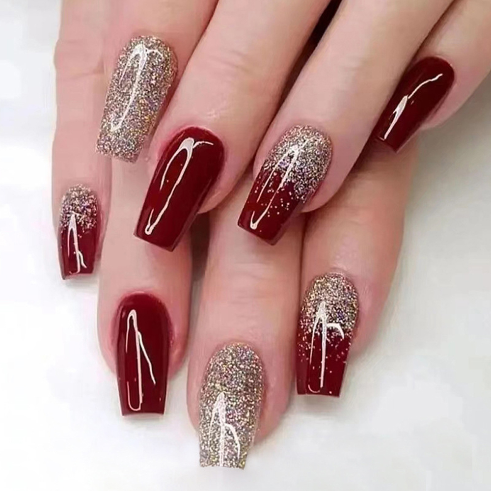Nail Art French Nails - 24Pcs Wine Red Flash Fake Nails