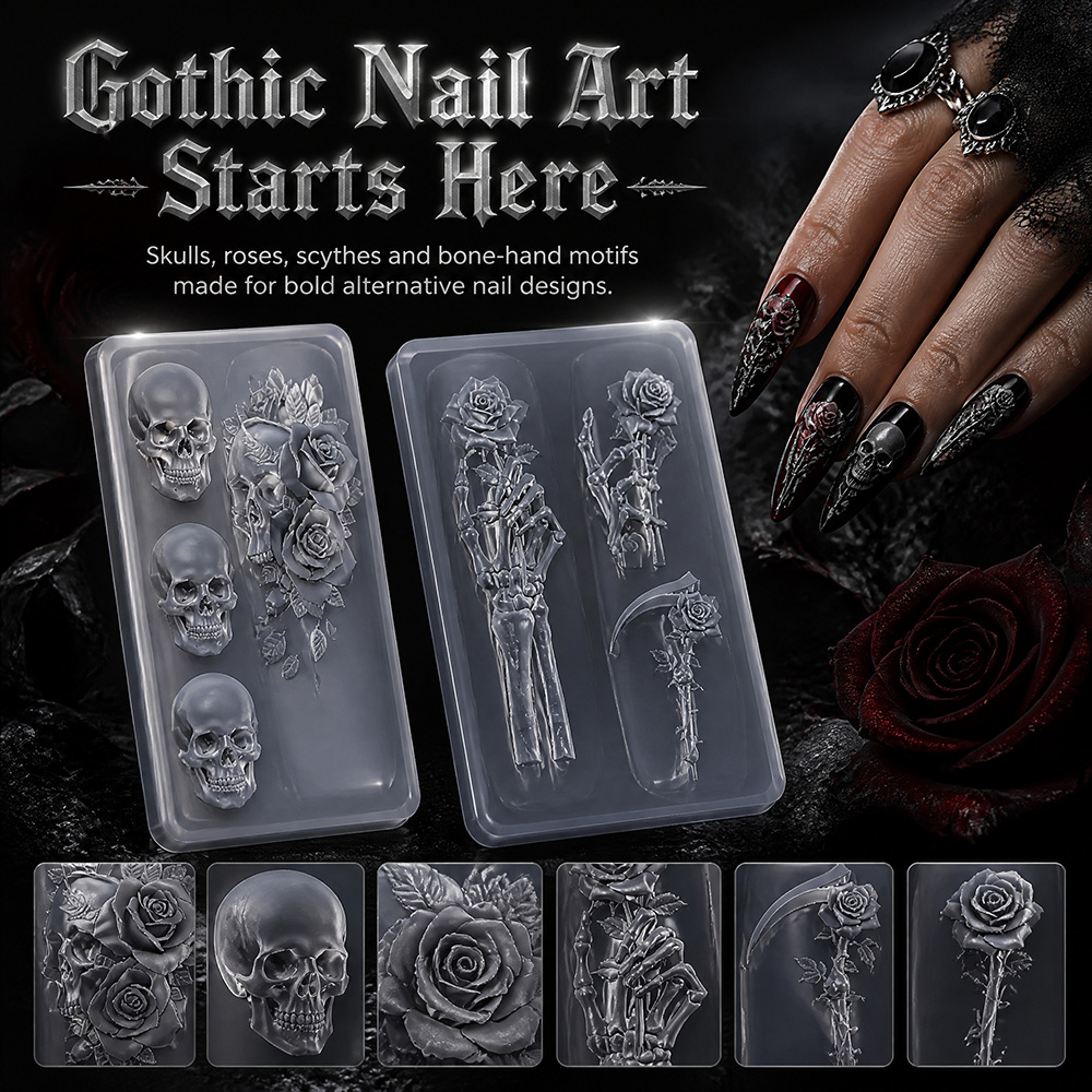 2Pcs Set Dark Rose Skull Silic - Nail Art Gothic review and price
