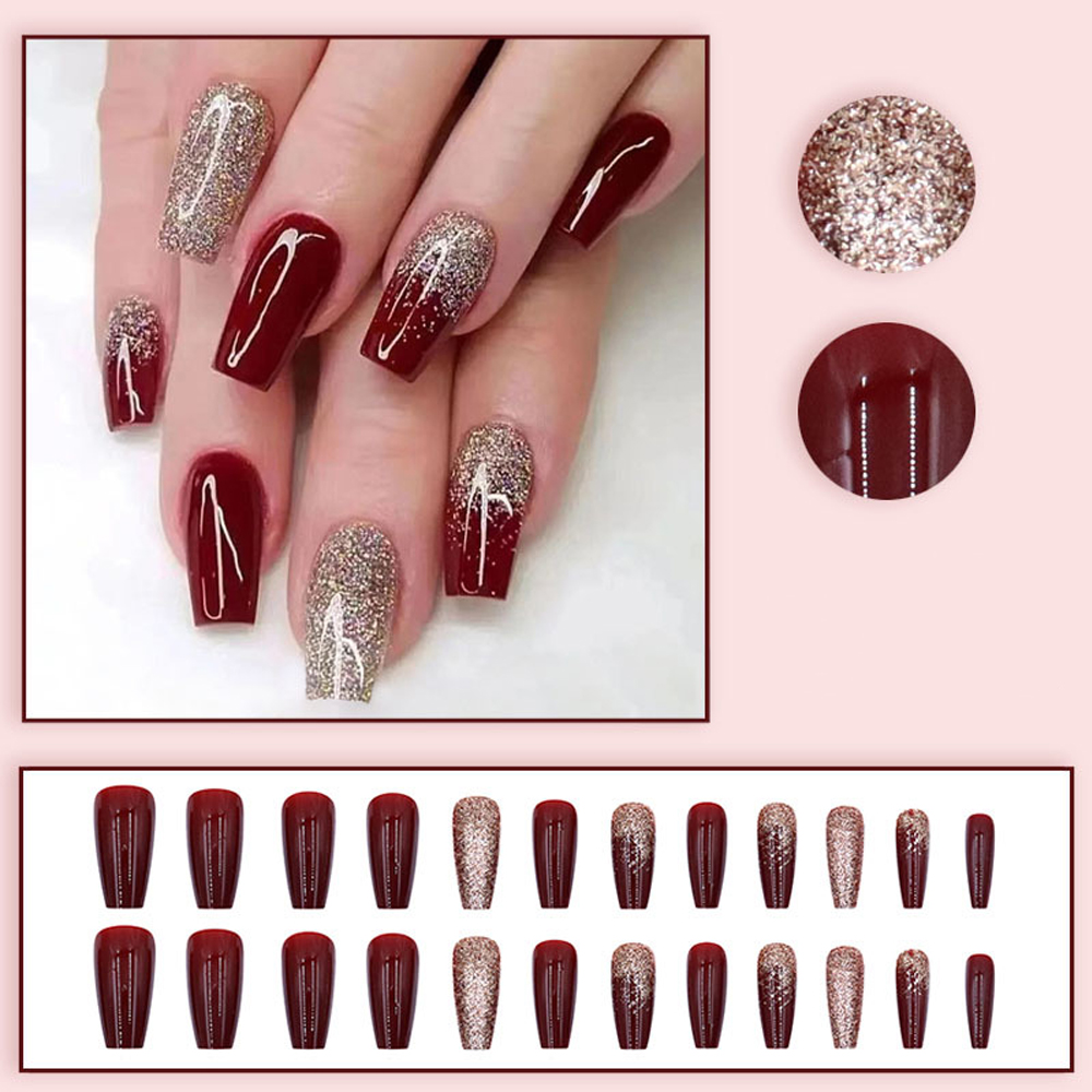 24Pcs Wine Red Flash Fake Nail - Nail Art French Nails review and price